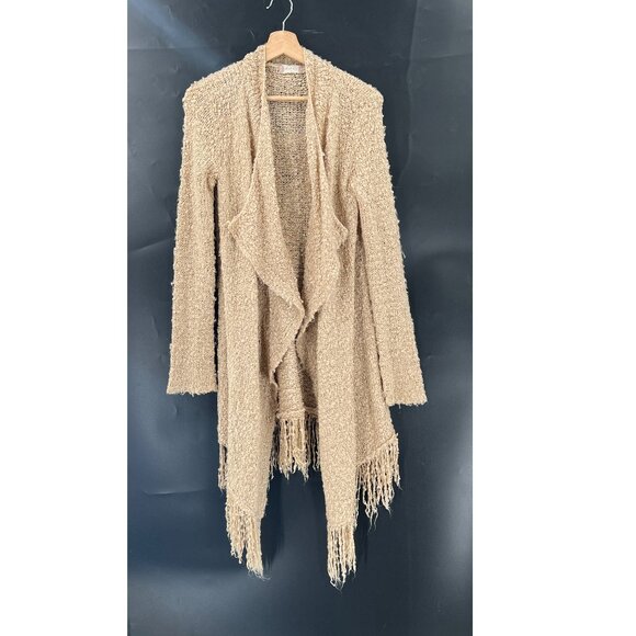 Altar'd State boucle knit fringe cardigan sweater tan boho cozy long length M - Picture 1 of 11